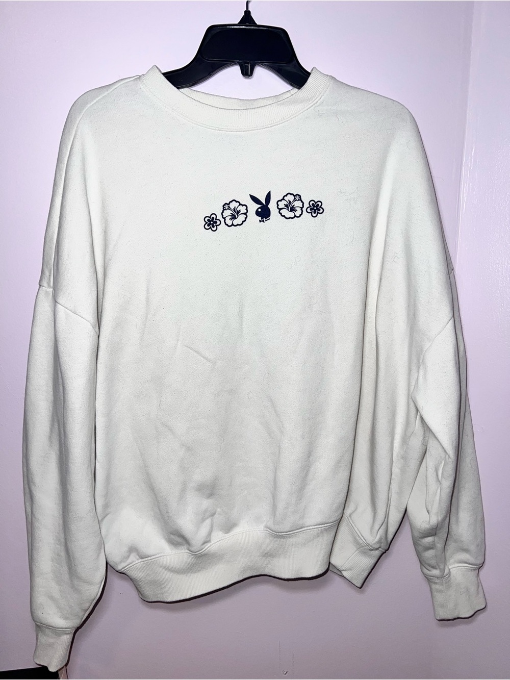 PLAYBOY White Crewneck Sweatshirt with Navy Floral Bunny Logo
